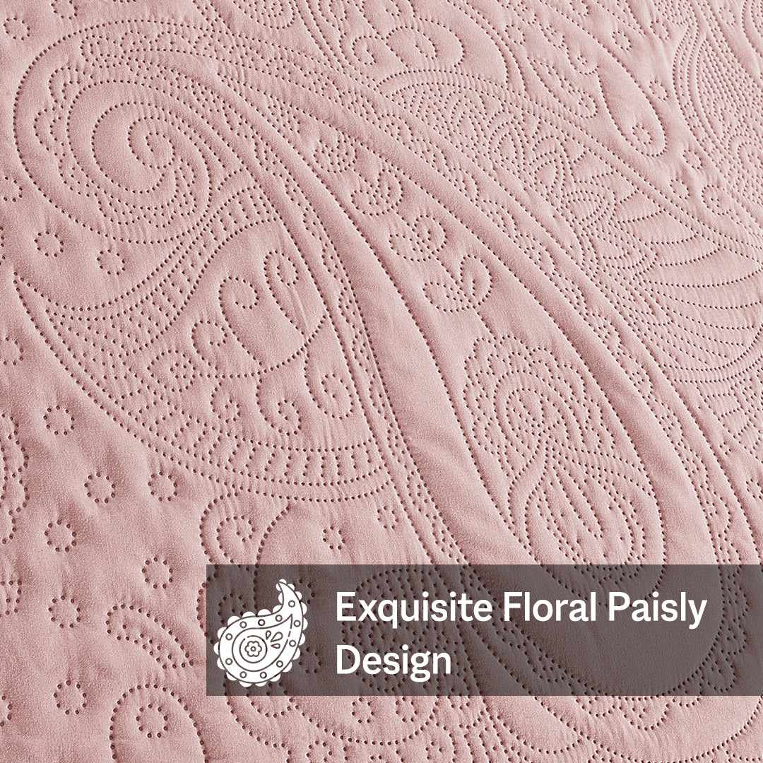 Floral - 3Pcs King Size Quilted Bedspread Set - Baby Pink