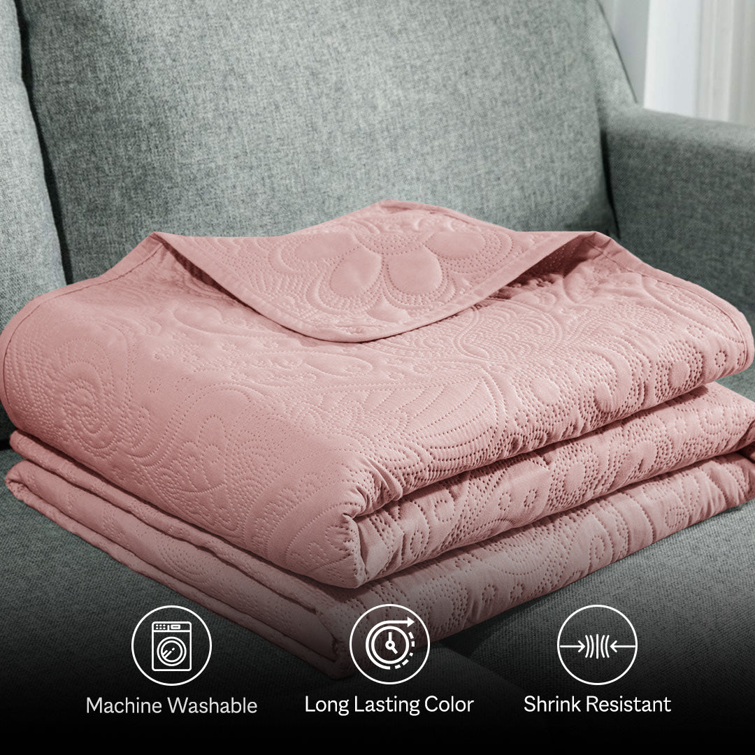 Floral - 3Pcs King Size Quilted Bedspread Set - Baby Pink