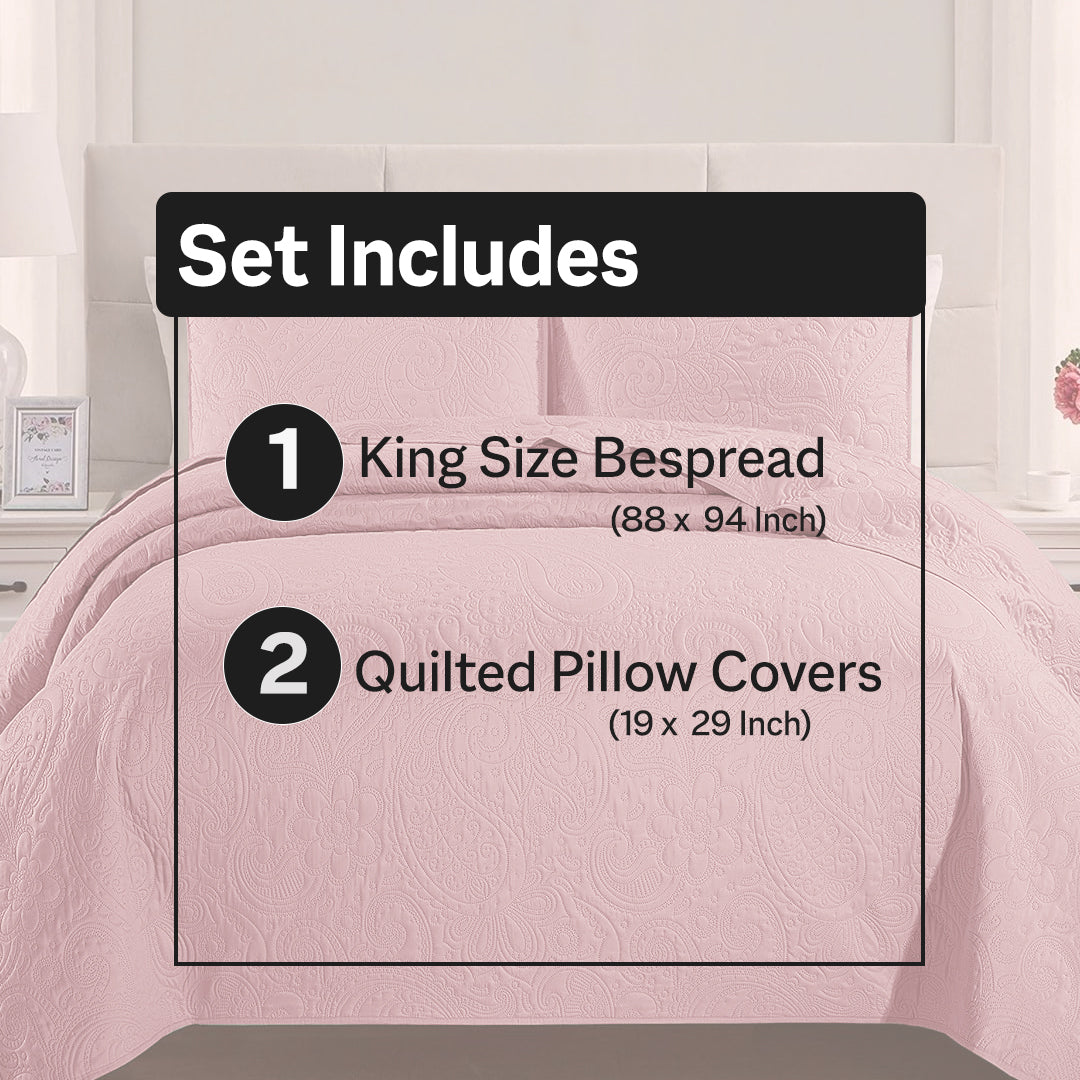 Floral - 3Pcs King Size Quilted Bedspread Set - Baby Pink