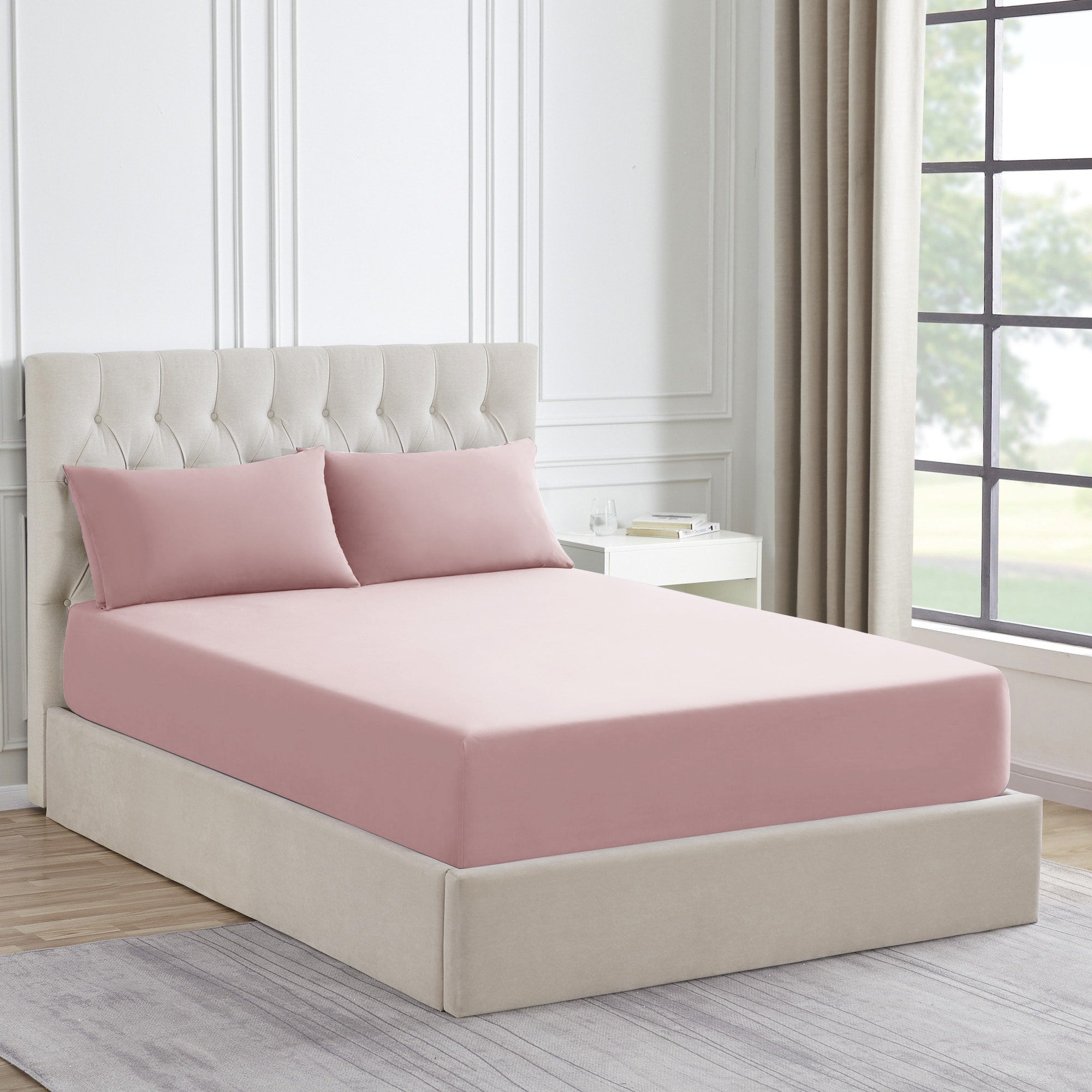 King Size Fitted Bed Sheet with Pillow Covers - Baby Pink