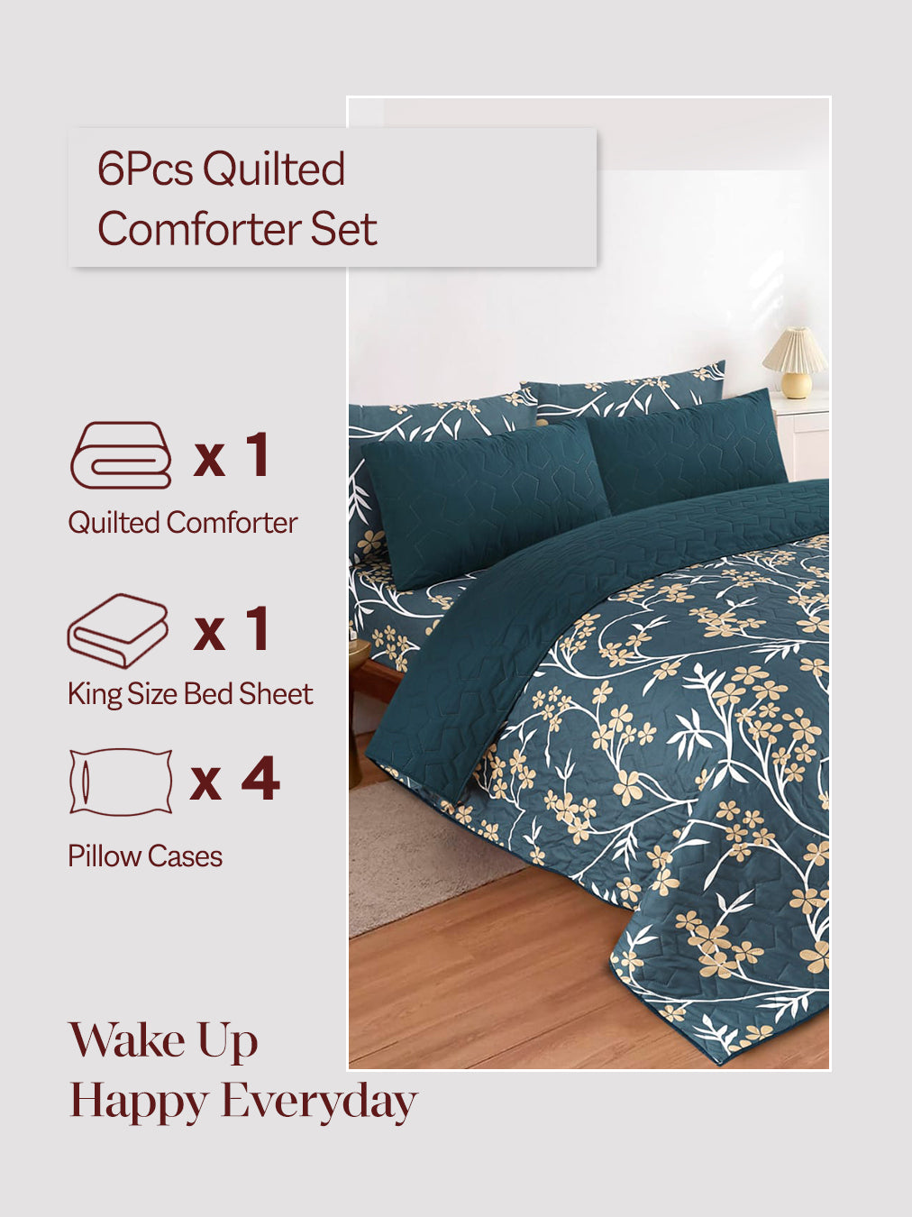 6Pcs Bed Sheet with Comforter & Pillow Cases - King Size  - Petals Zinc