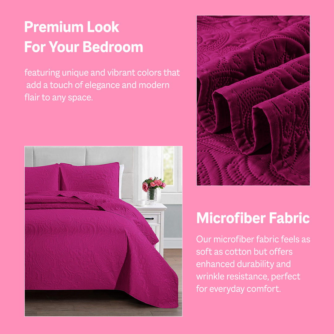 Floral - 3Pcs King Size Summer Quilted Bedspread Set - Purple