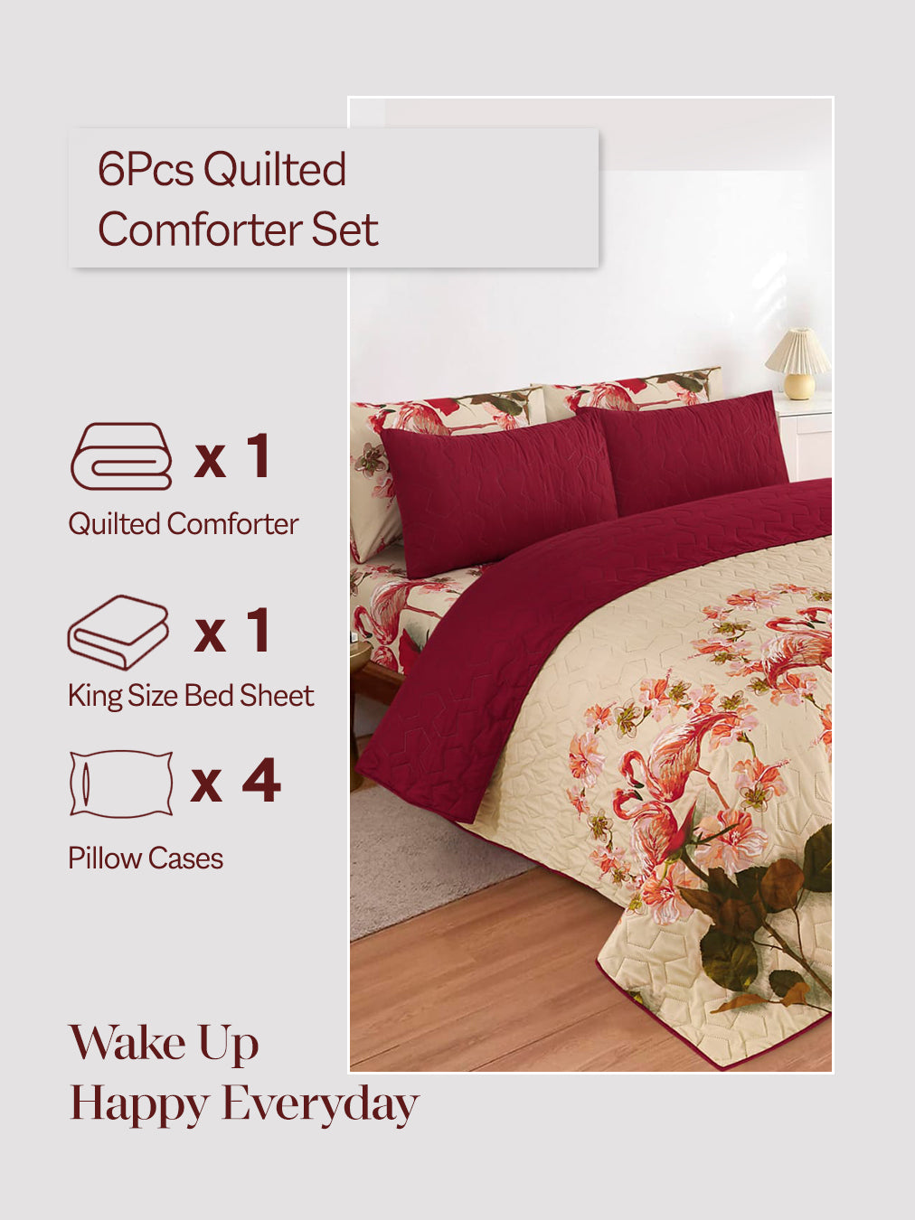 6Pcs Bed Sheet with Comforter & Pillow Cases - King Size - Rose Petals