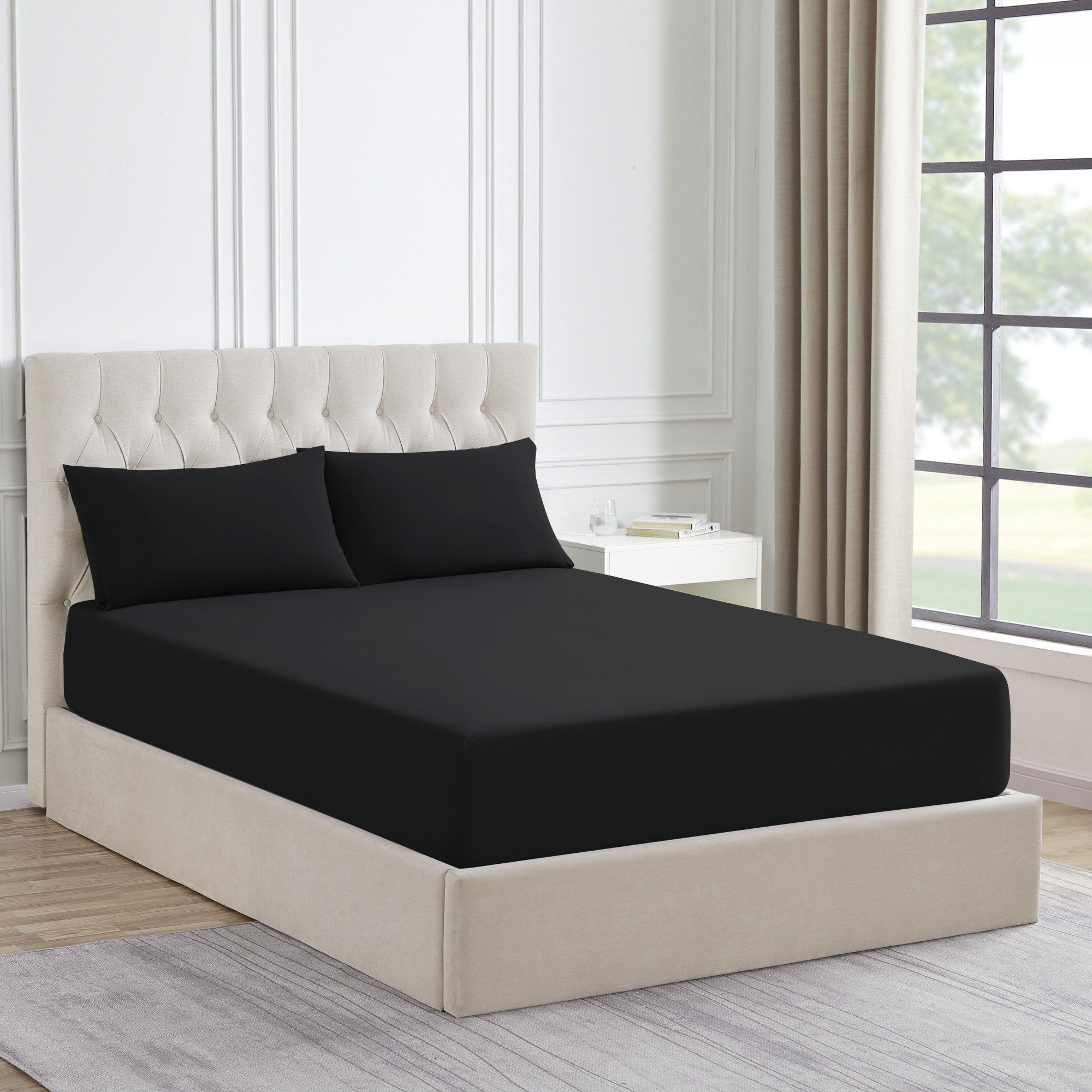 King Size Fitted Bed Sheet with Pillow Covers - Black