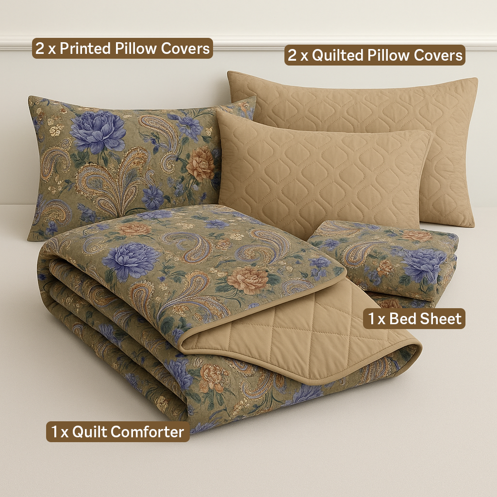 6Pcs Bed Sheet with Comforter & Pillow Cases - King Size  - Polka Beige