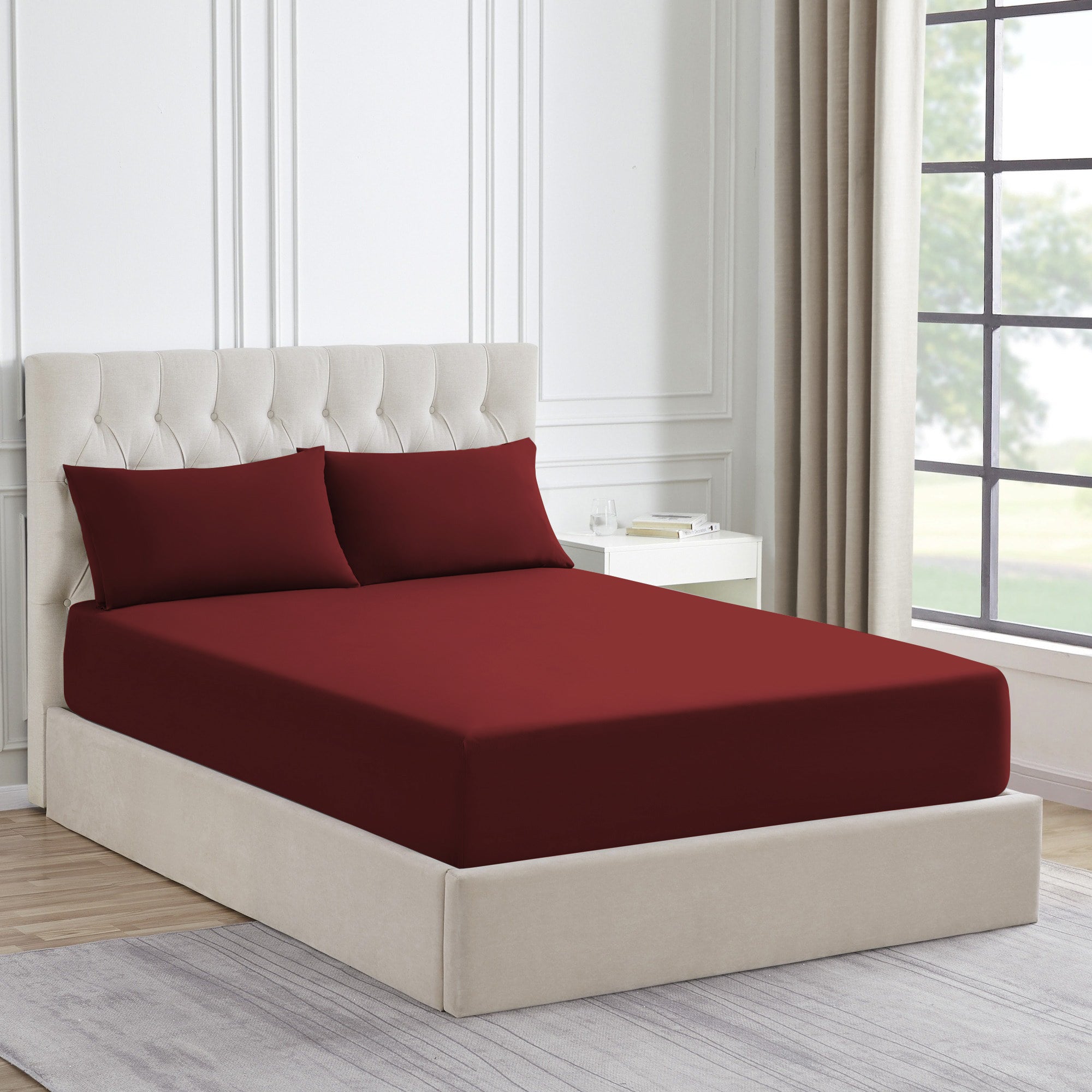 King Size Fitted Bed Sheet with Pillow Covers - Maroon