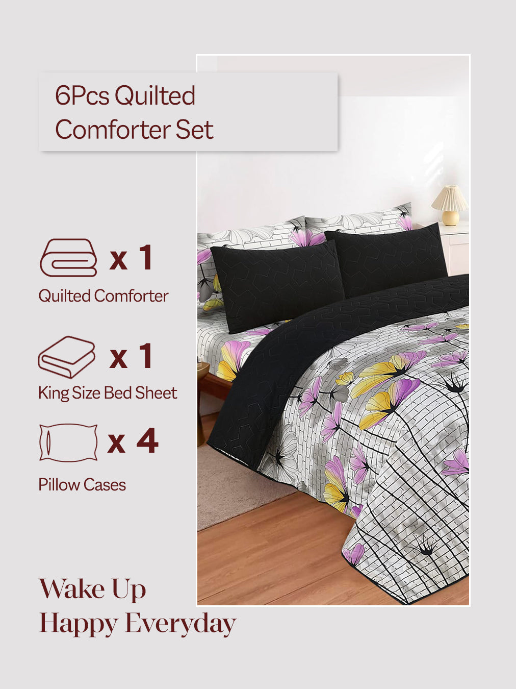 6Pcs Bed Sheet with Comforter & Pillow Cases - King Size - Lily
