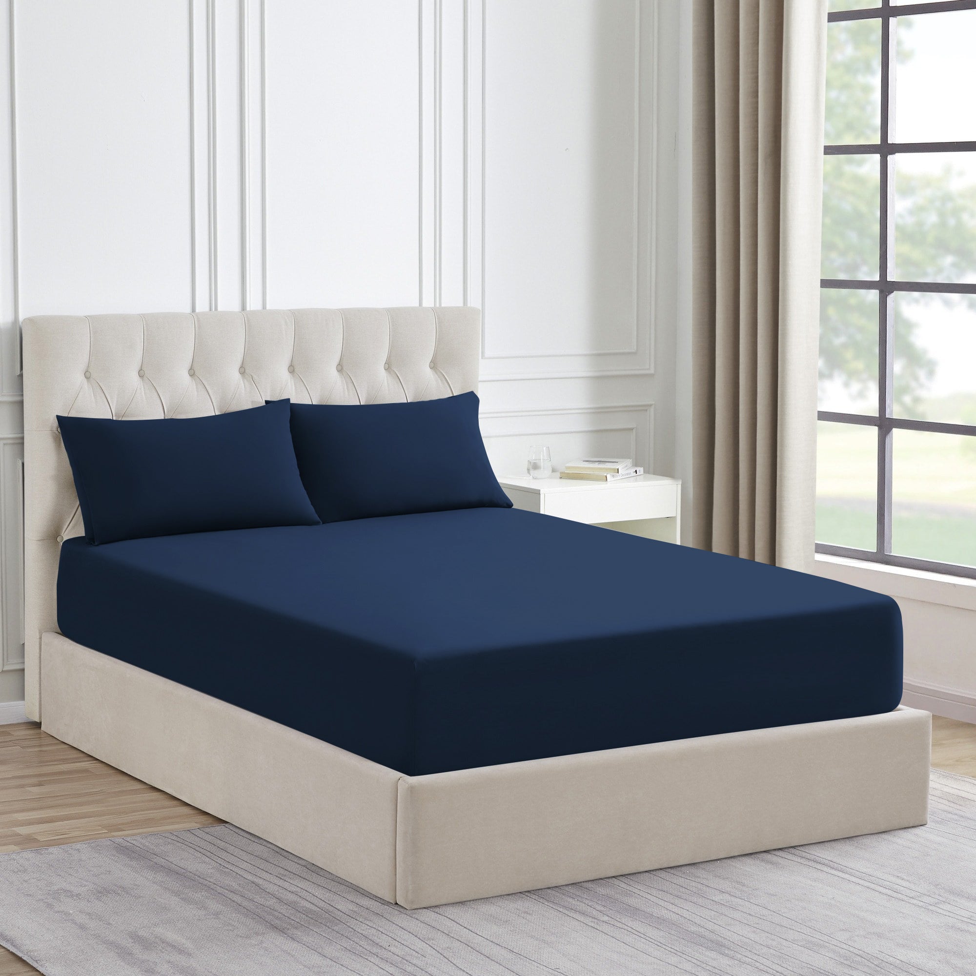 King Size Fitted Bed Sheet with Pillow Covers - Navy Blue