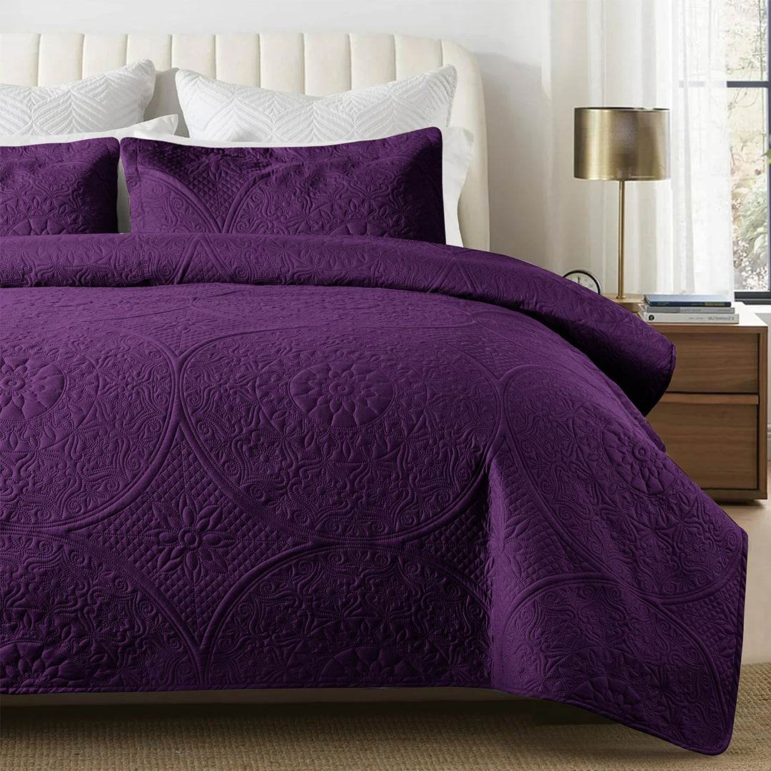 3Pcs King Size Bed Spread Set - Coin Floral Plum