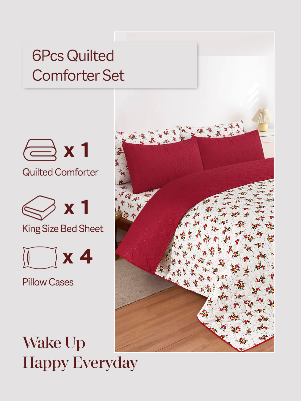 6Pcs Bed Sheet with Comforter & Pillow Cases - King Size - Ditsy Floral