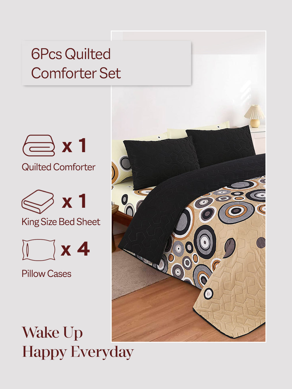 6Pcs Bed Sheet with Comforter & Pillow Cases - King Size  - Polka Beige