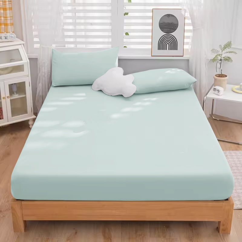 King Size Fitted Bed Sheet with Pillow Covers - Light Blue