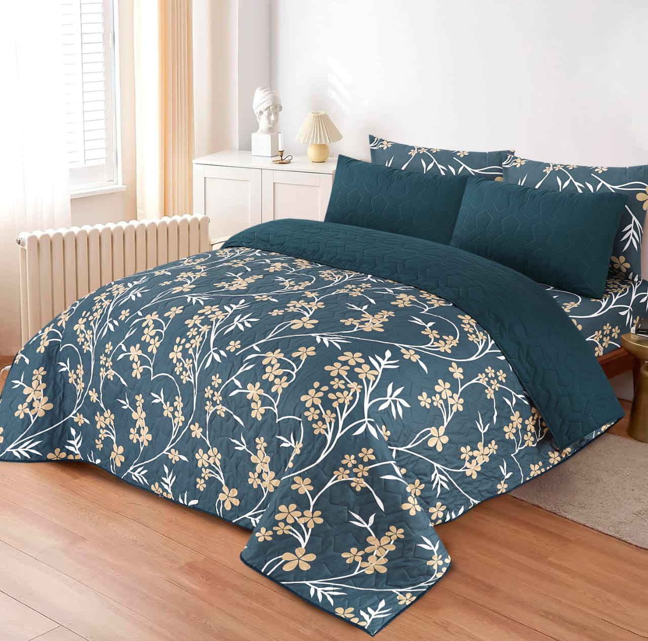 6Pcs Bed Sheet with Comforter & Pillow Cases - King Size  - Petals Zinc