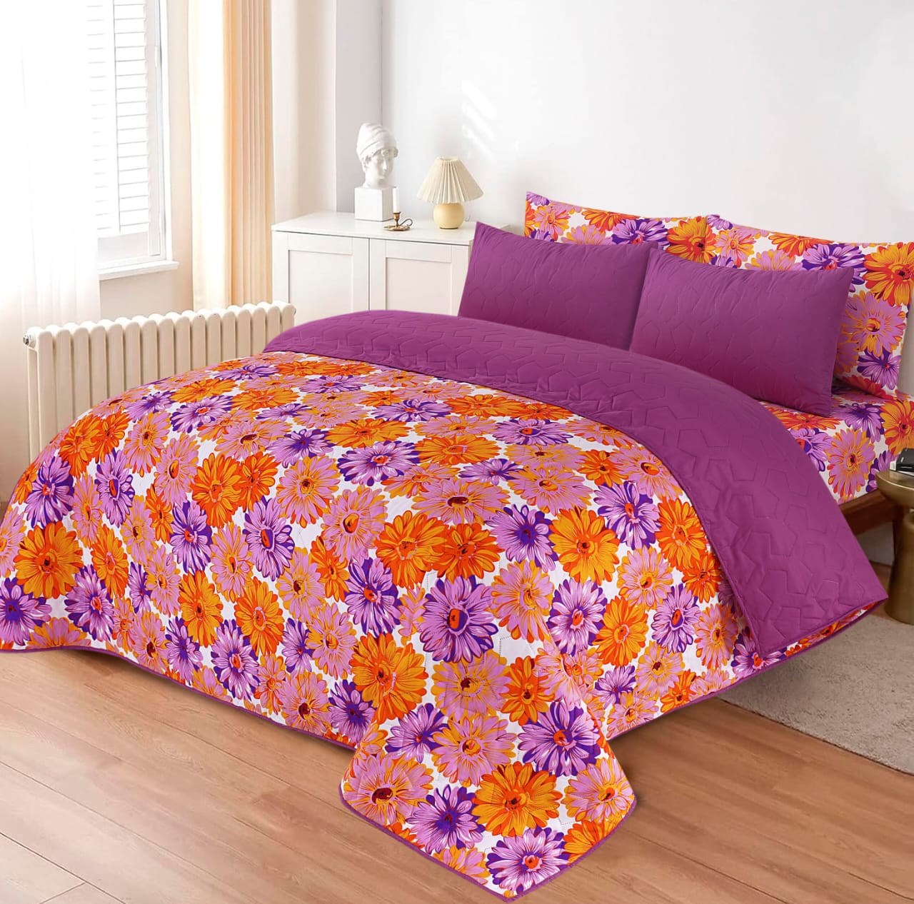 6Pcs Bed Sheet with Comforter & Pillow Cases - King Size  -  Coral