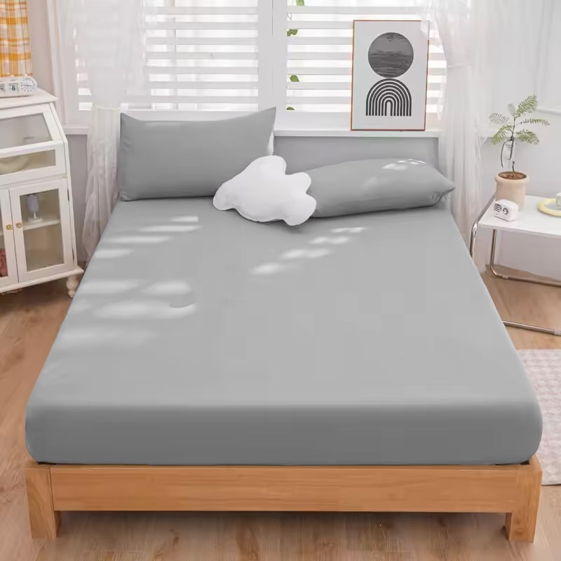King Size Fitted Bed Sheet with Pillow Covers - Grey