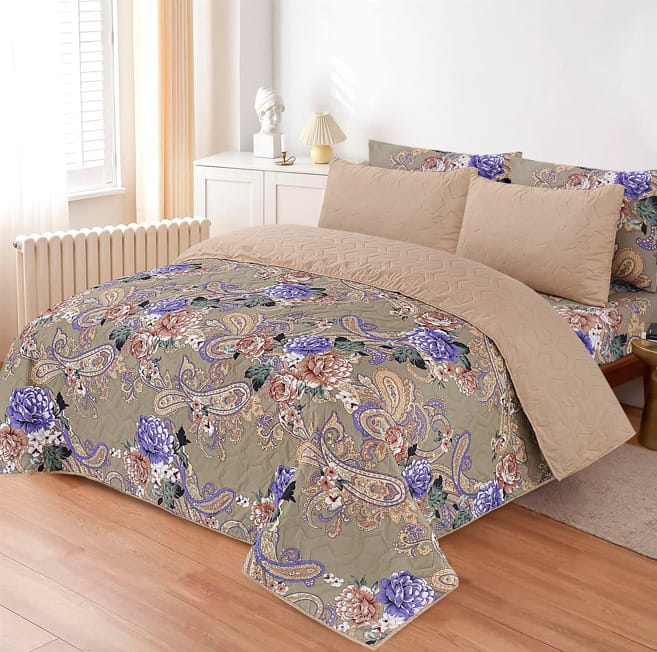 6Pcs Bed Sheet with Comforter & Pillow Cases - King Size  - Polka Beige