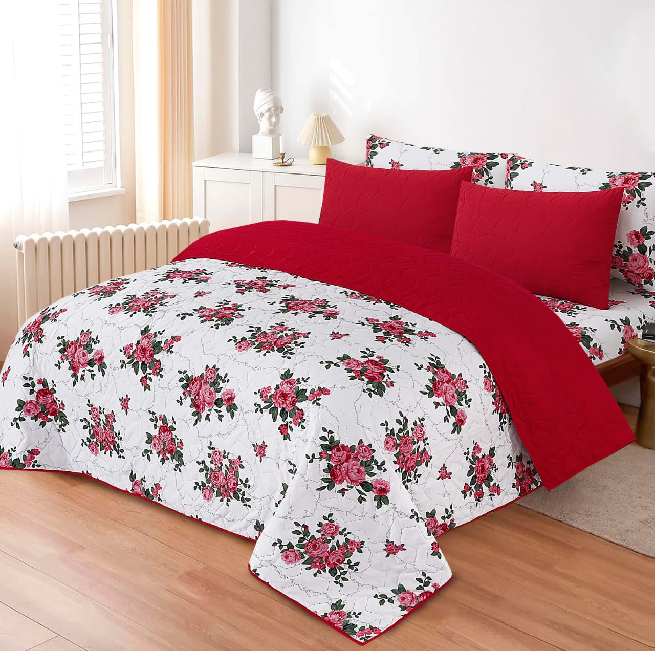 6Pcs Bed Sheet with Comforter & Pillow Cases - King Size  -  Coral