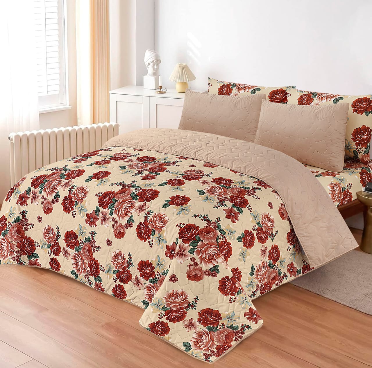 6Pcs Bed Sheet with Comforter & Pillow Cases - King Size - Rose Petals