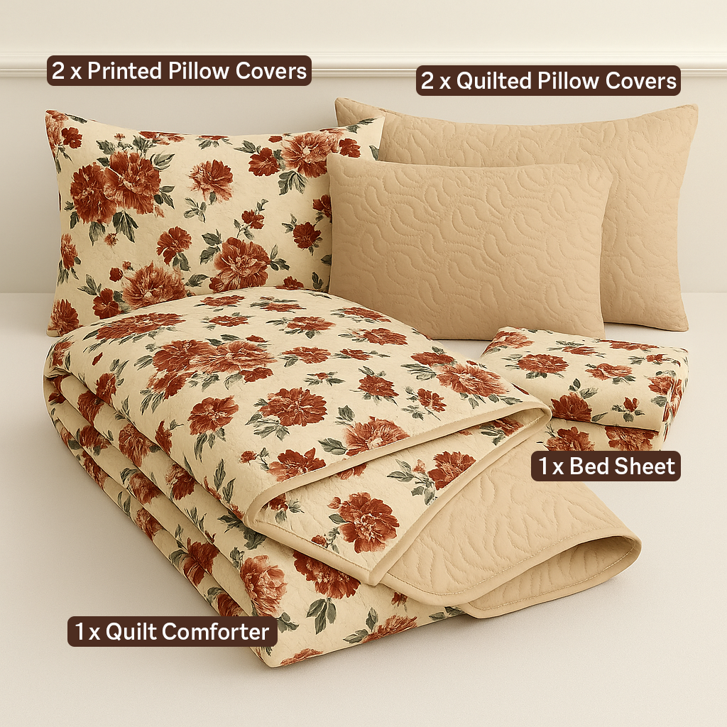 6Pcs Bed Sheet with Comforter & Pillow Cases - King Size - Rose Petals