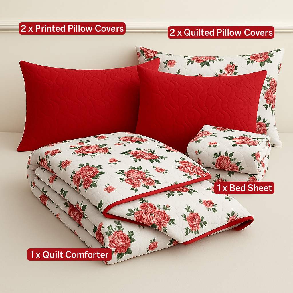6Pcs Bed Sheet with Comforter & Pillow Cases - King Size  -  Coral