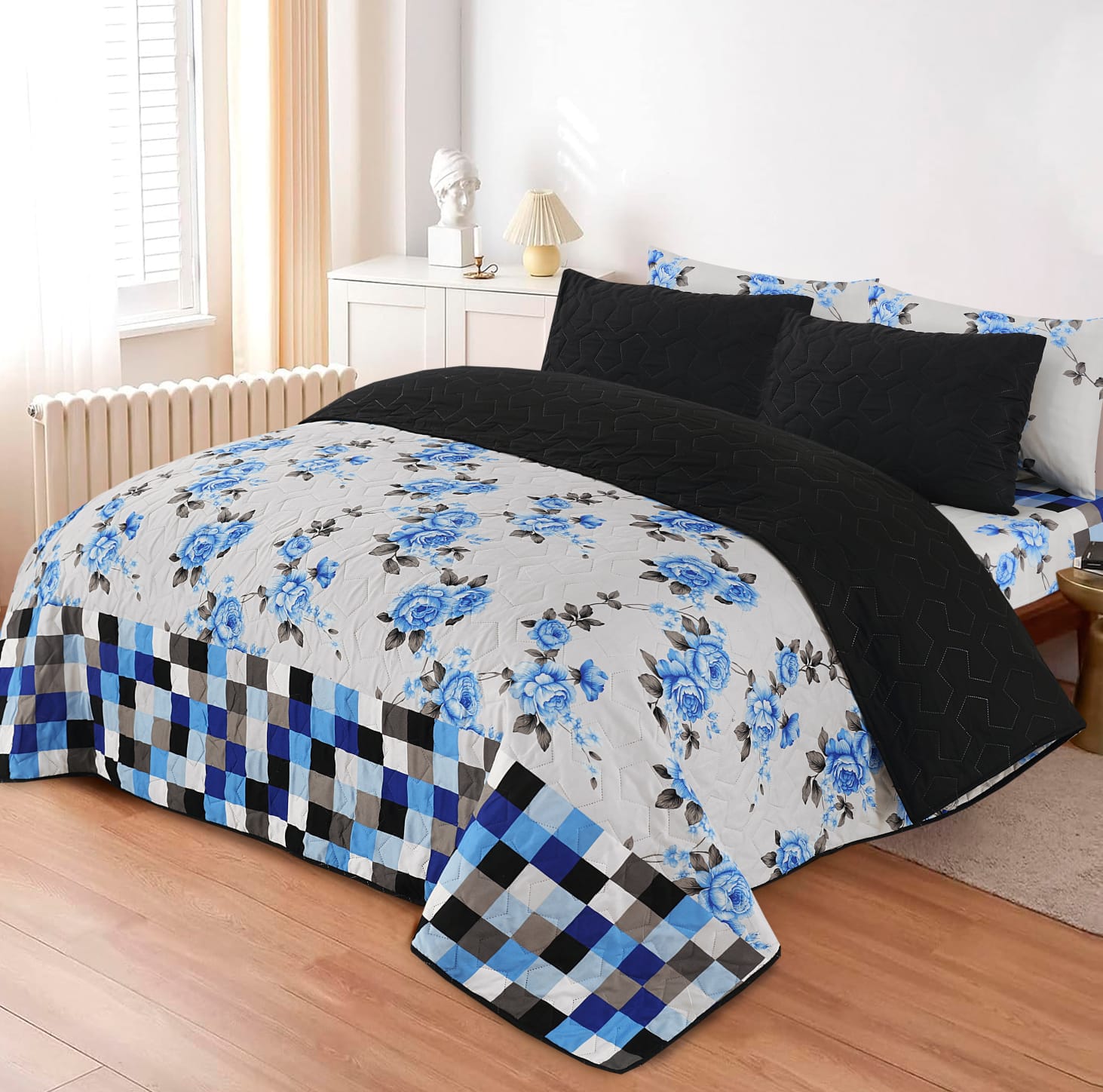 6Pcs Bed Sheet with Comforter & Pillow Cases - King Size - Floral Blue
