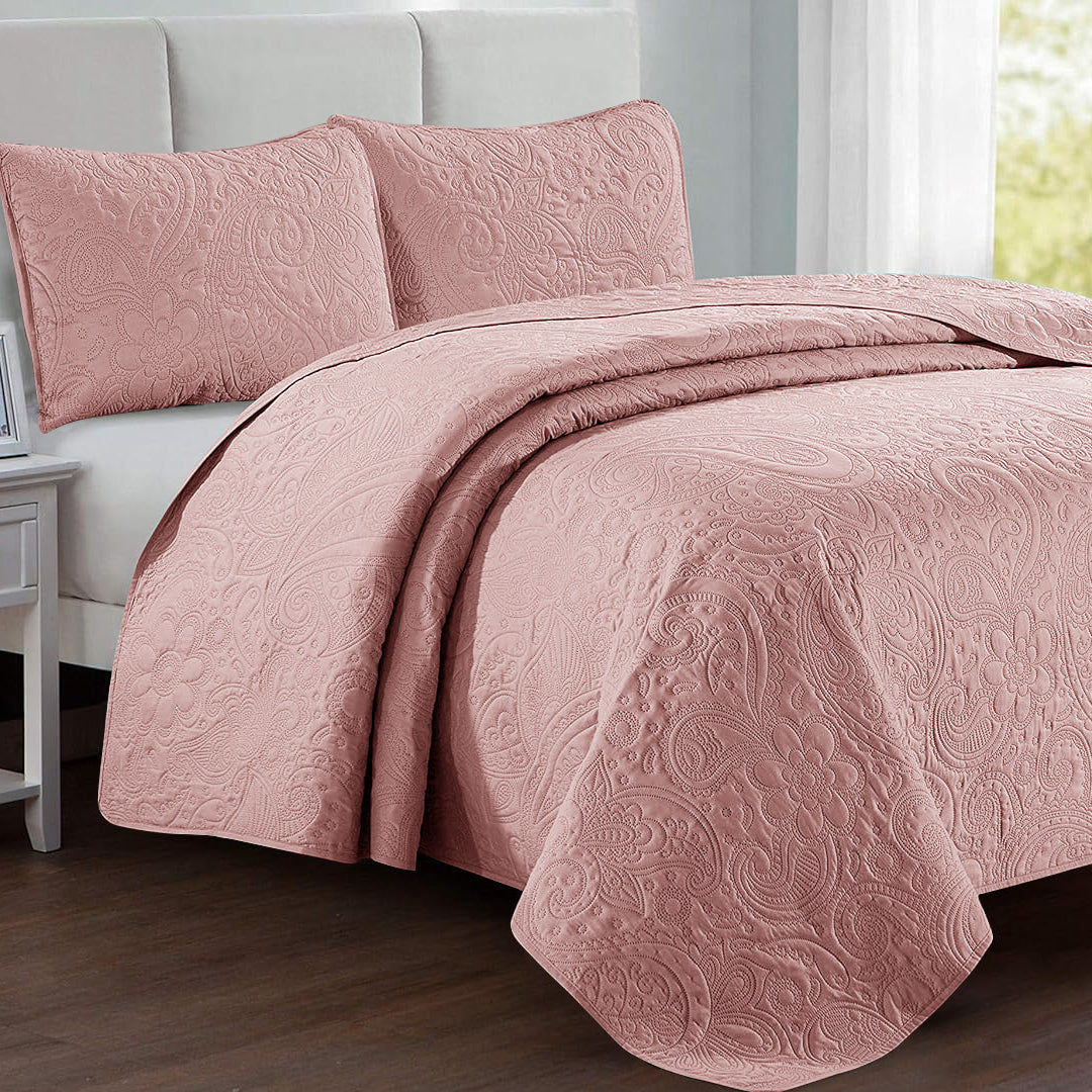 Floral - 3Pcs King Size Quilted Bedspread Set - Baby Pink